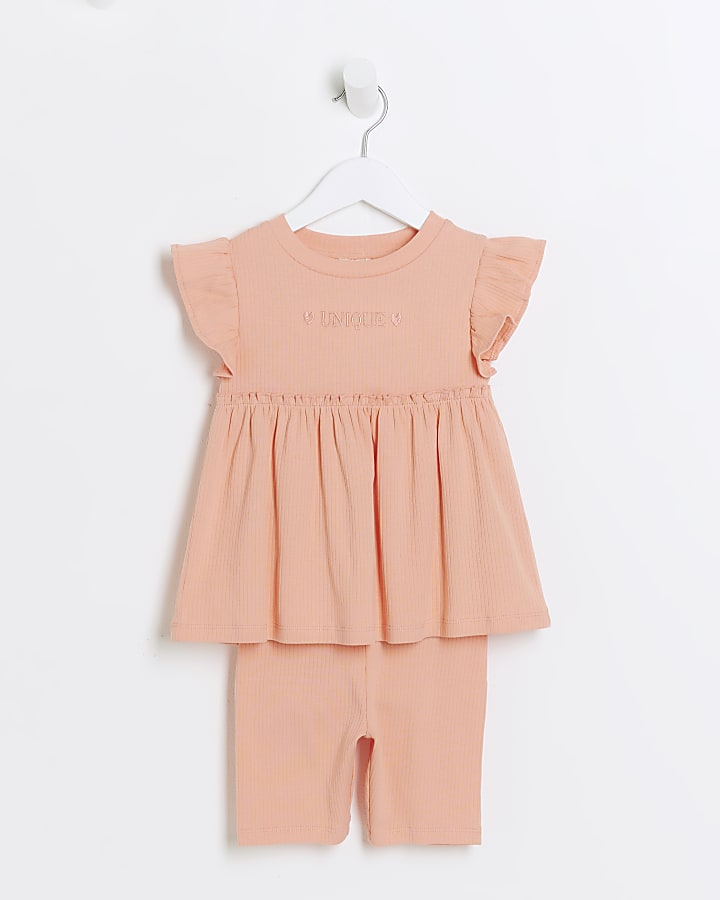 Mini girls coral ribbed peplum top set