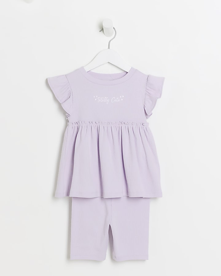 Mini girls purple ribbed peplum shorts set