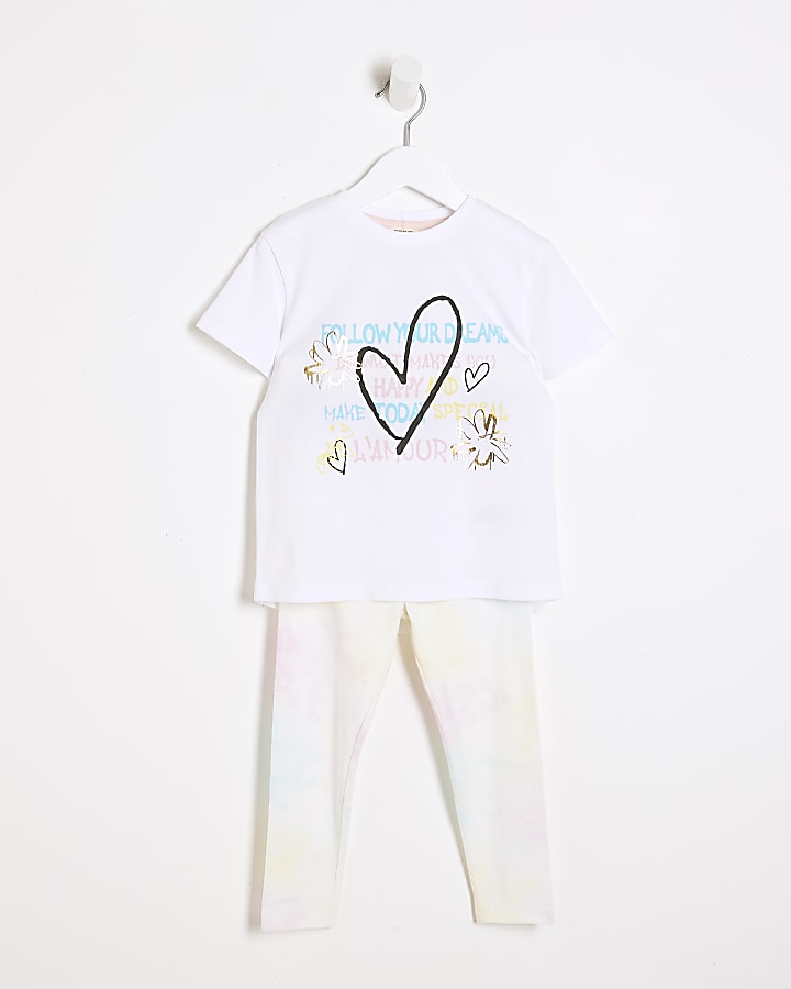 Mini girls white heart t-shirt and leggings