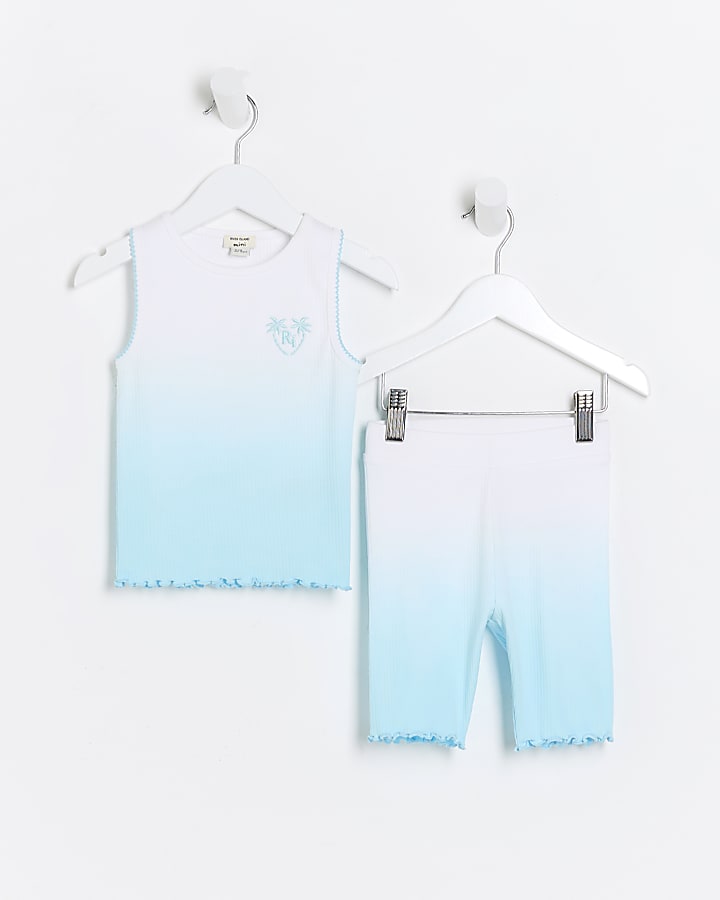 Mini girls blue ribbed ombre tank top set