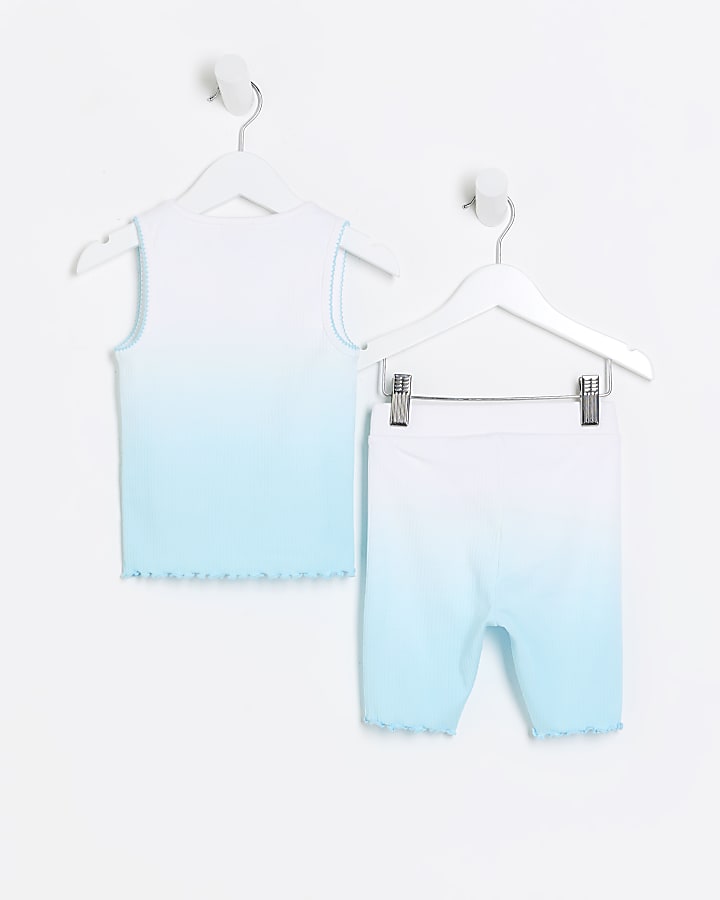 Mini girls blue ribbed ombre tank top set