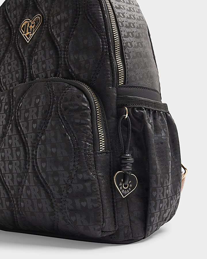 Girls black quilted monogram backpack