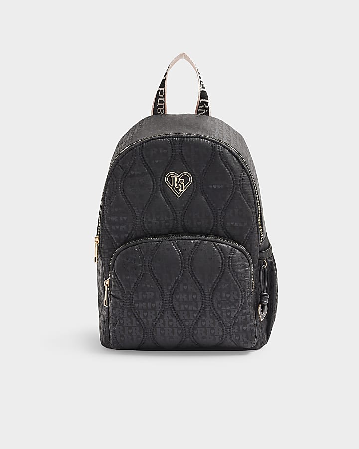 Girls black quilted monogram backpack