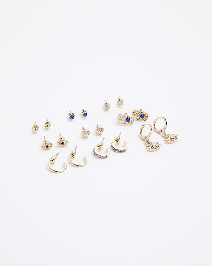 Girls gold stud and hoop earrings 9 pack