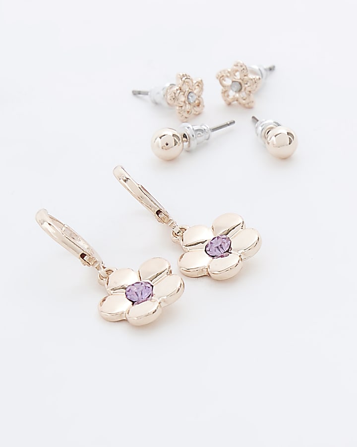 Gold colour flower earrings 3 pack