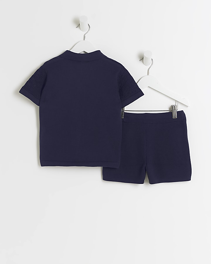 Mini Boys Navy Revere Shirt and Shorts Set