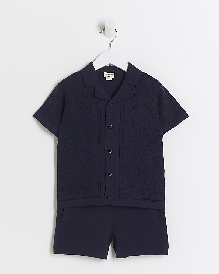 Mini Boys Navy Revere Shirt and Shorts Set