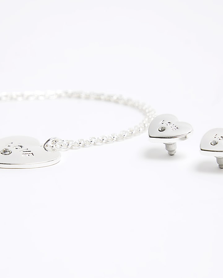 Girls silver heart necklace and earrings set