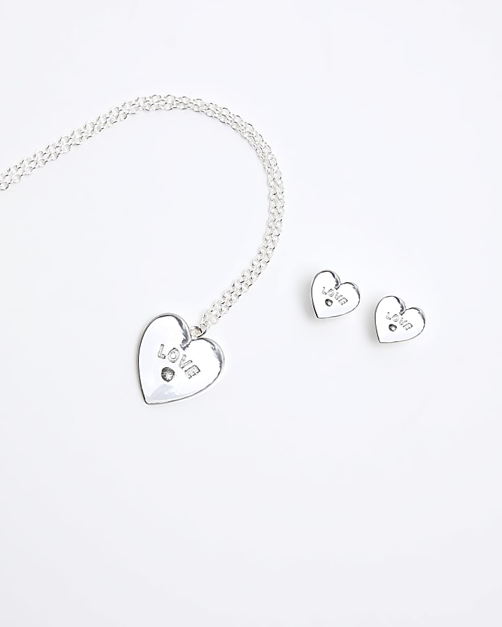 Girls silver heart necklace and earrings set