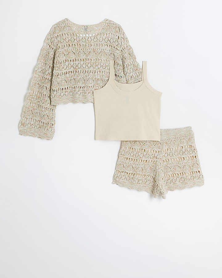 Girls beige crochet jumper and shorts set