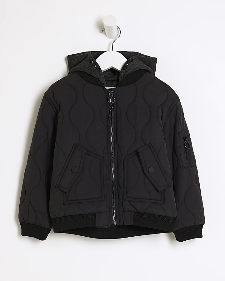 Mini boys black quilted hooded jacket River Island