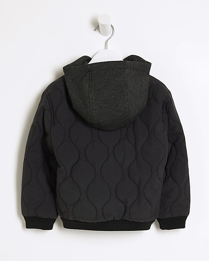 Mini boys black quilted hooded jacket