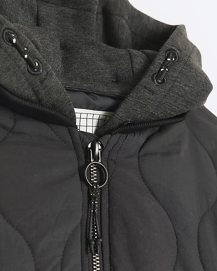 Boys black quilted hooded jacket