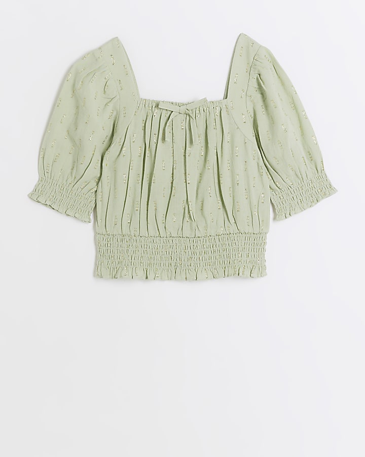 Girls green metallic shirred blouse