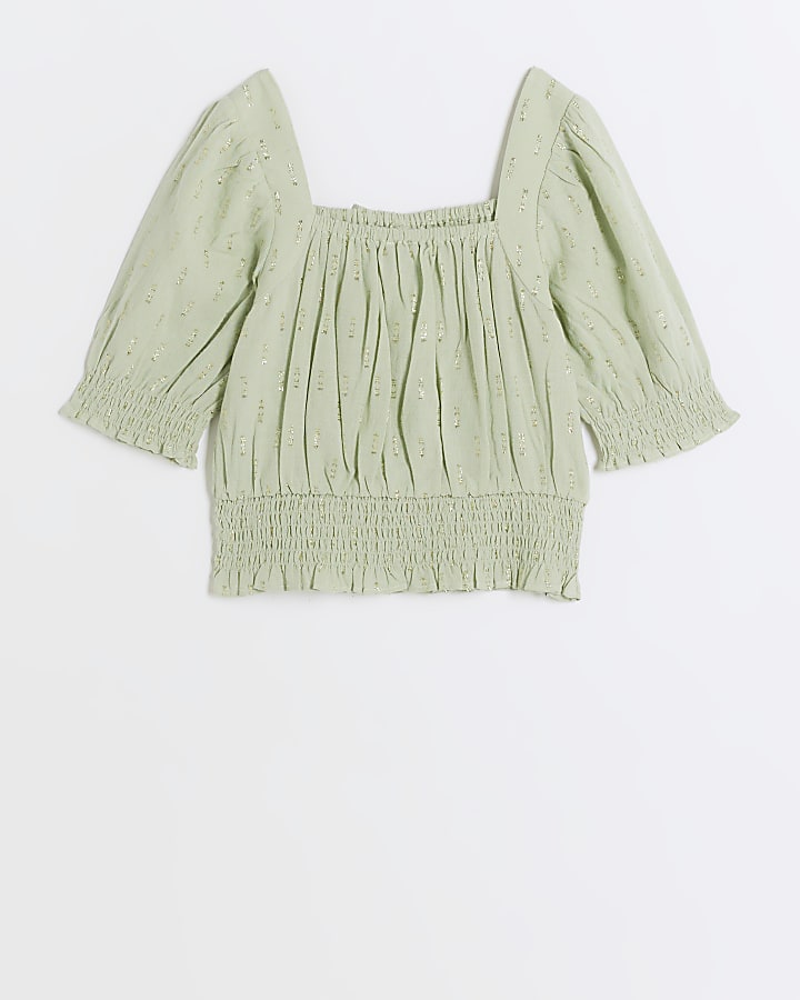 Girls green metallic shirred blouse