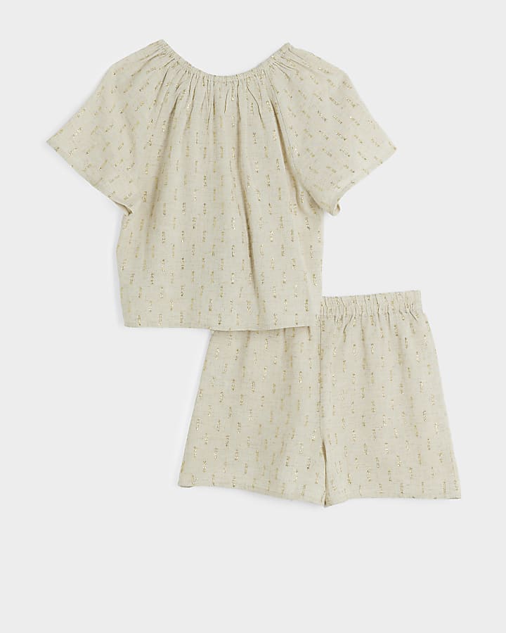 Girls beige metallic tie up blouse set