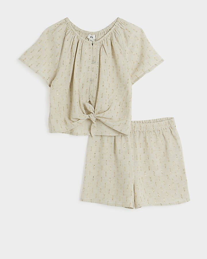 Girls beige metallic tie up blouse set