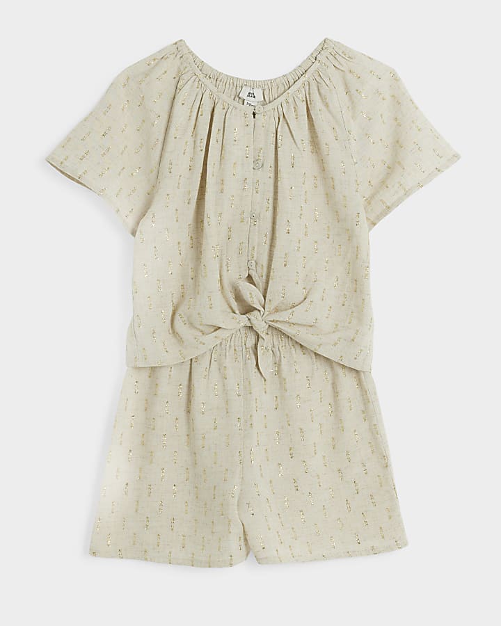 Girls beige metallic tie up blouse set