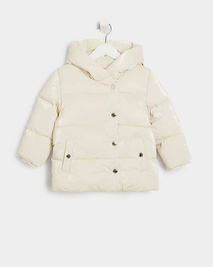 Mini girls cream padded hooded jacket