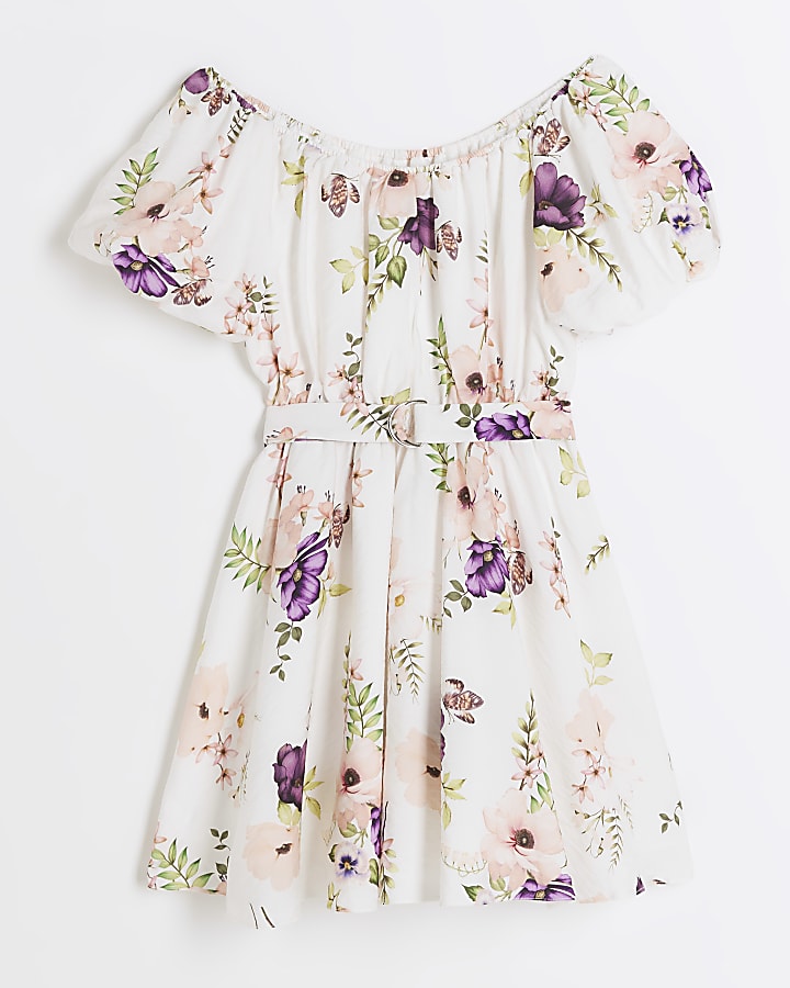 Girls white floral puff sleeve dress