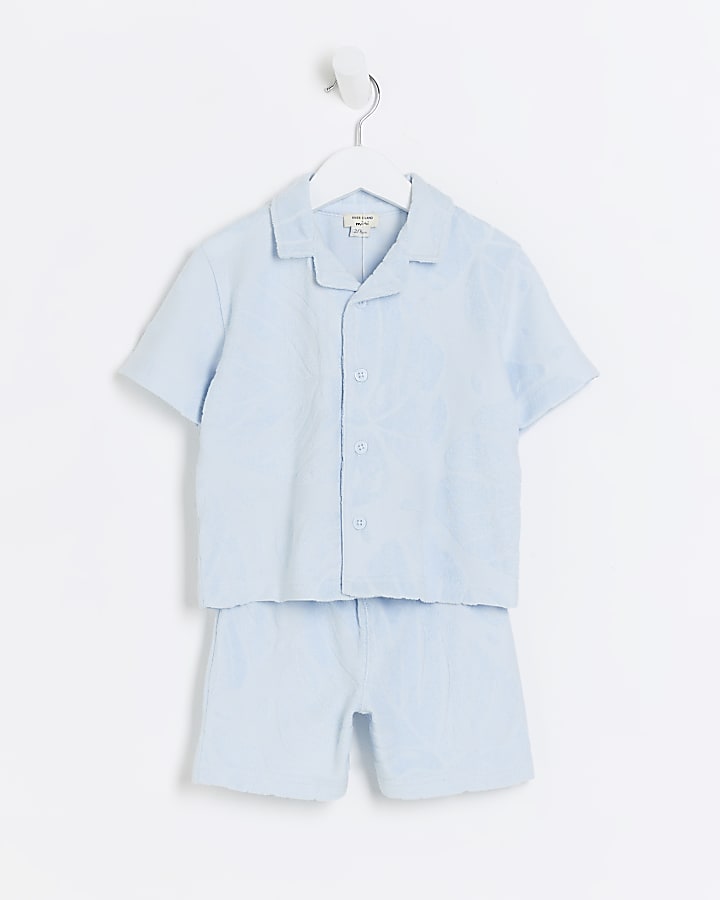 Mini boys blue towelling revere shirt set