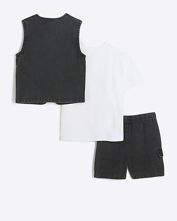 Boys grey denim gilet and shorts 3 piece set