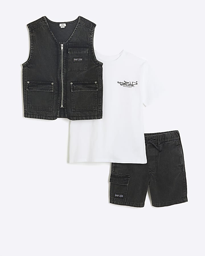 Boys grey denim gilet and shorts 3 piece set