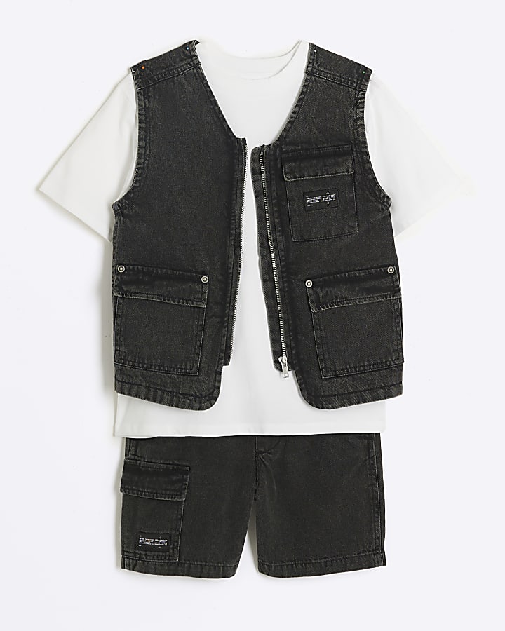 Boys grey denim gilet and shorts 3 piece set