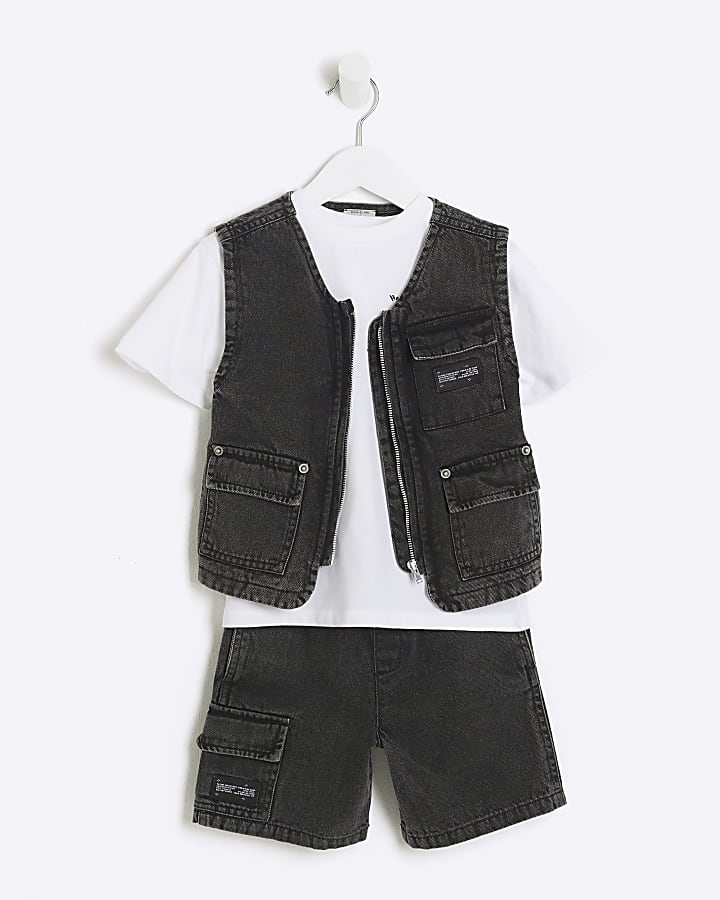 Mini boys grey denim gilet 3 piece set