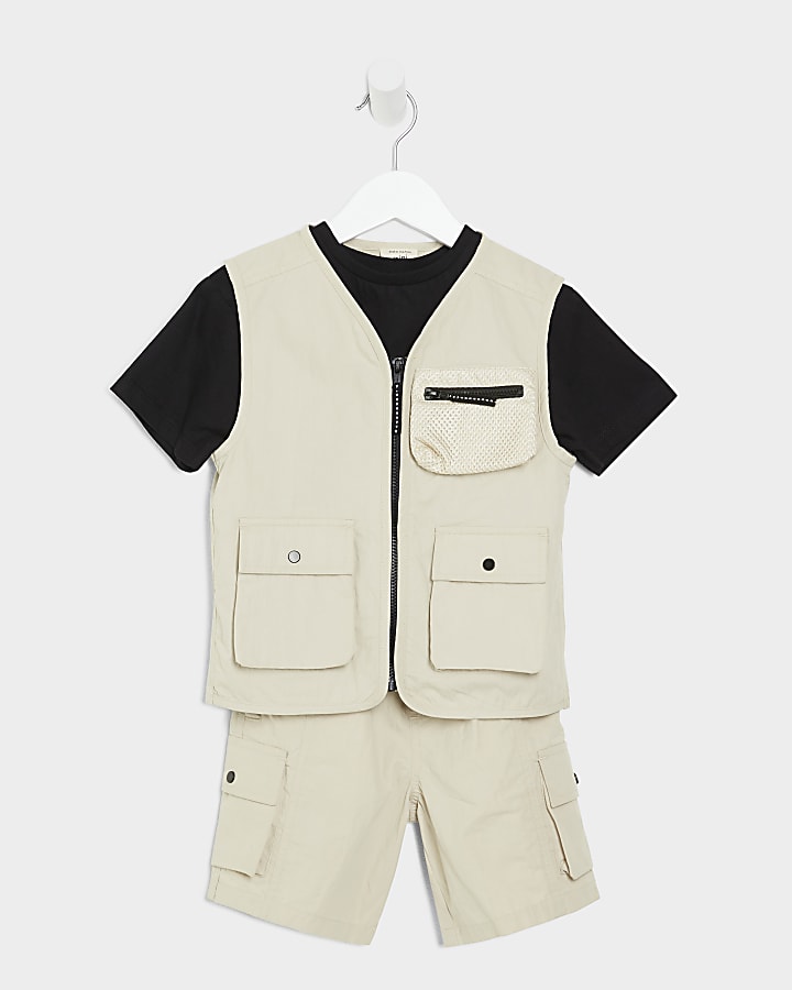 Mini boys stone utility gilet 3 piece set