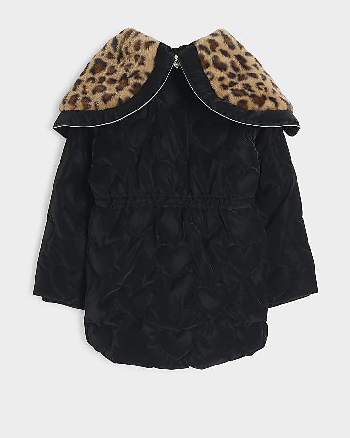 Girls black leopard faux fur padded jacket