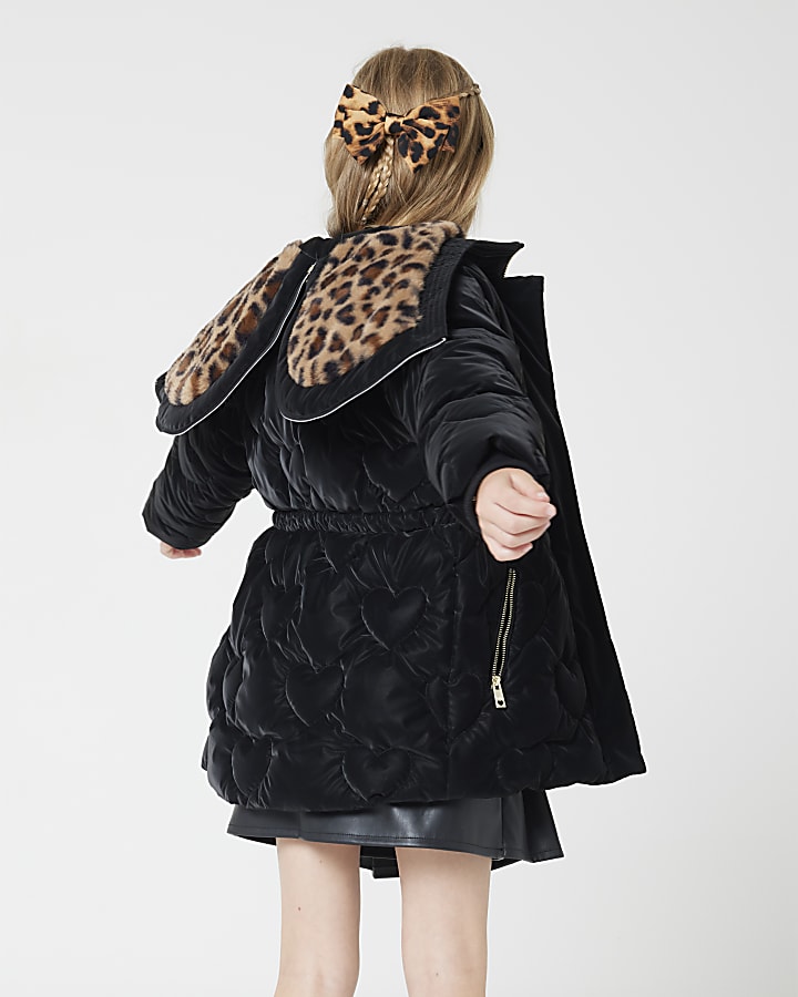 Girls black leopard faux fur padded jacket