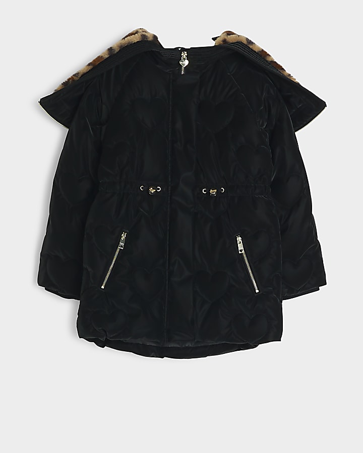 Girls black leopard faux fur padded jacket