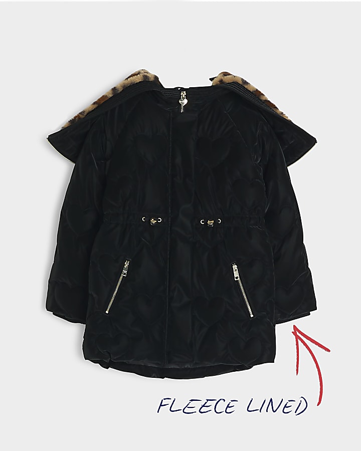 Girls black leopard faux fur padded jacket