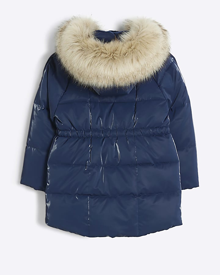 Girls navy faux fur hood padded jacket