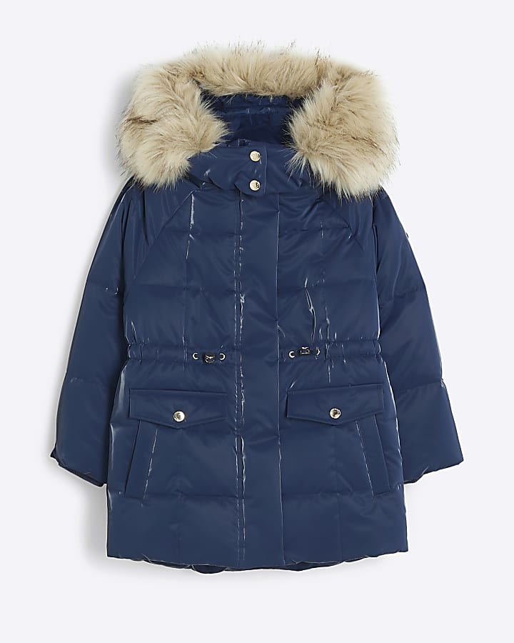 Girls navy faux fur hood padded jacket