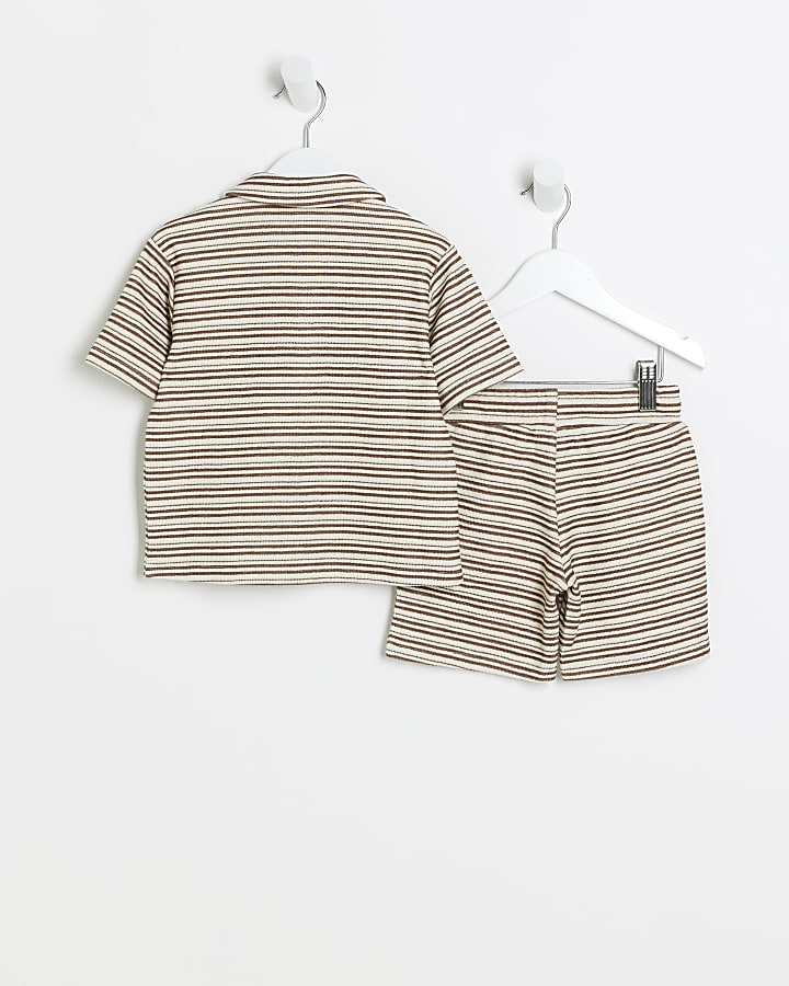 Mini boys ecru textured stripe polo set