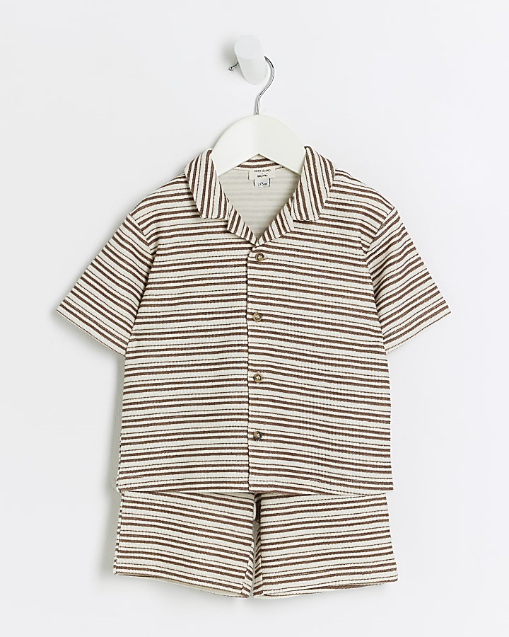 Mini boys ecru textured stripe polo set