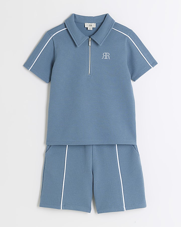 Boys blue textured polo and shorts set