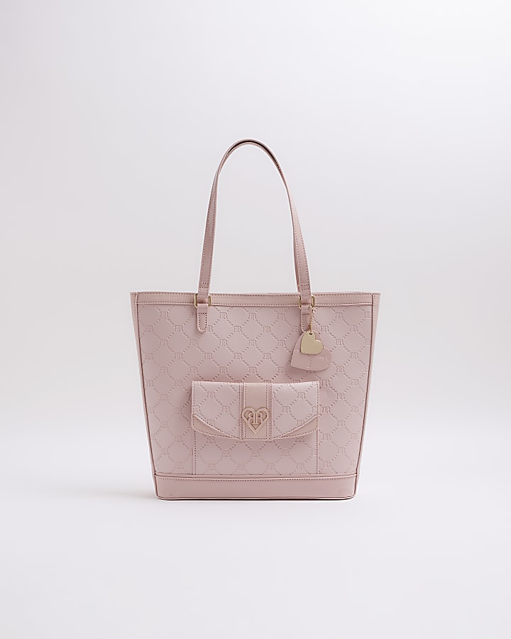 Girls pink embossed shopper bag River Island