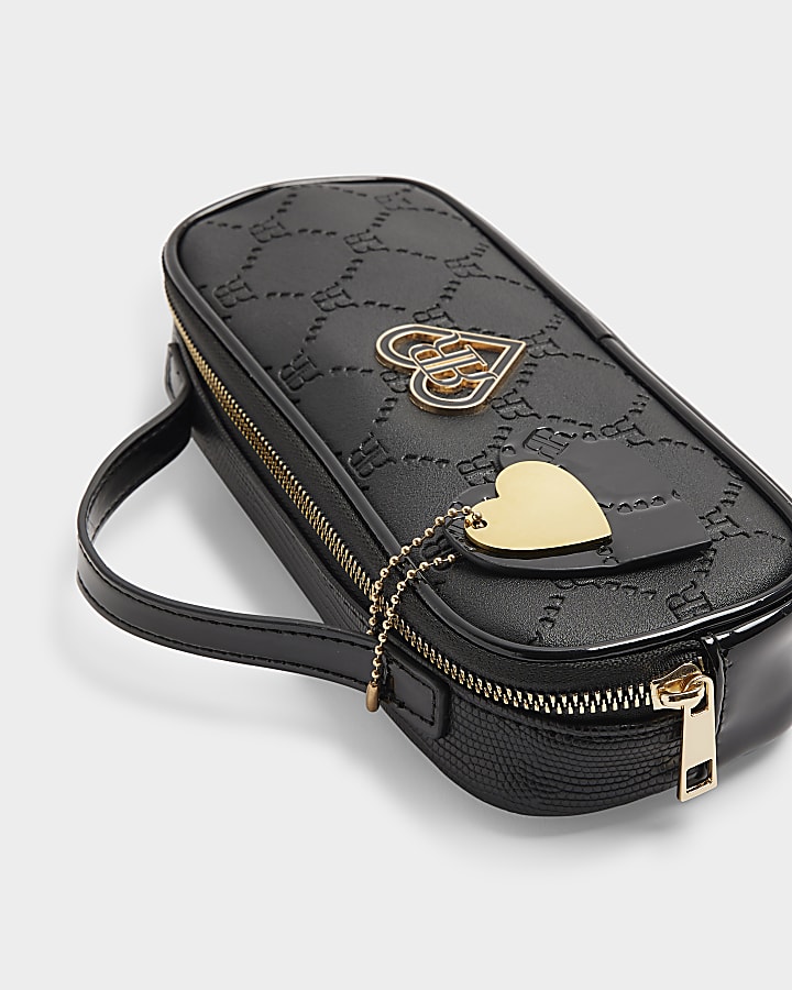 Girls black embossed monogram pencil case