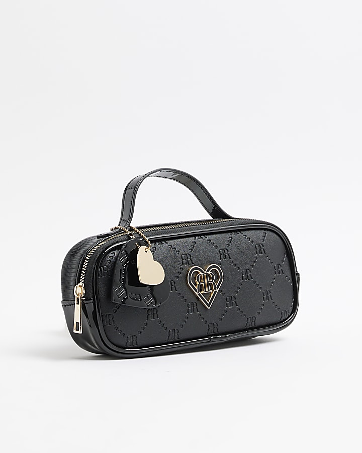 Girls black embossed monogram pencil case