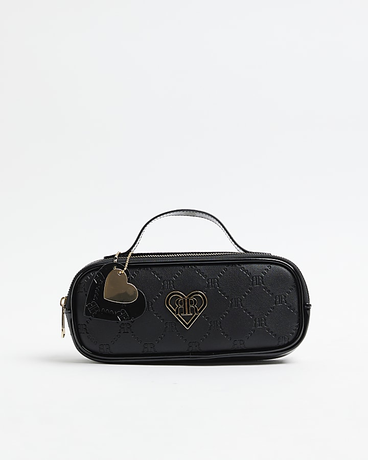 Girls black embossed monogram pencil case