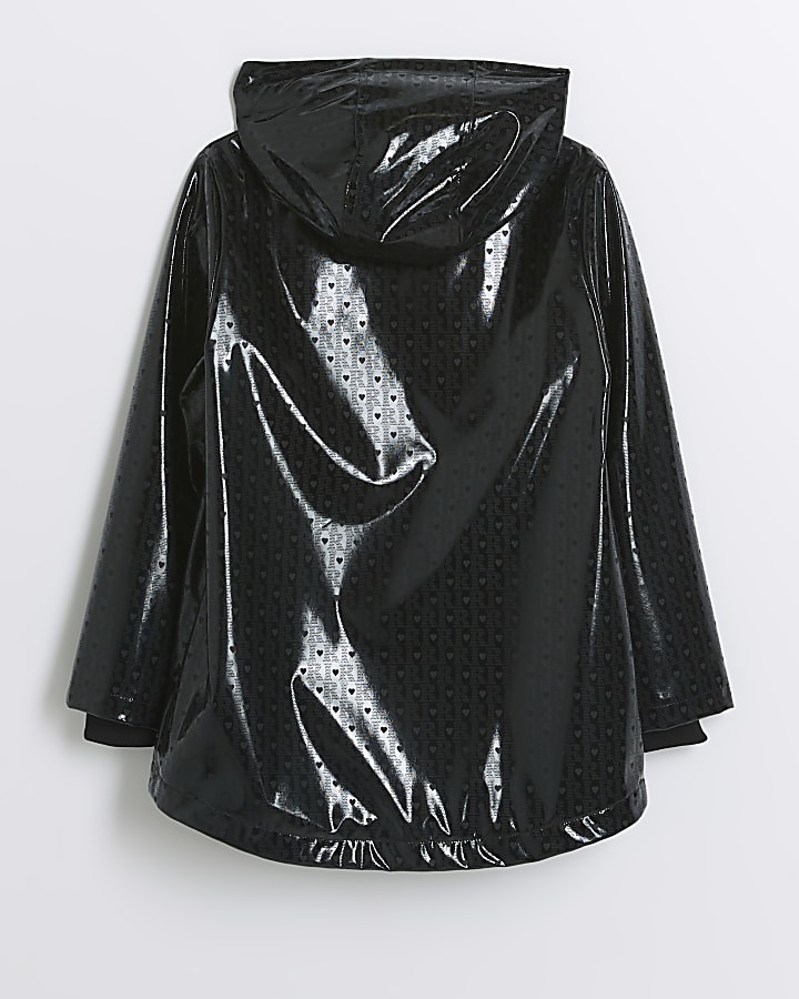 Girls black holographic hooded rain coat