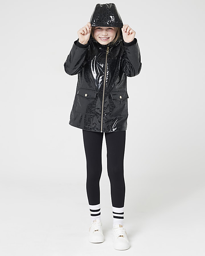 Girls black holographic hooded rain coat River Island