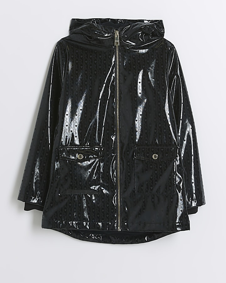 Girls black holographic hooded rain coat