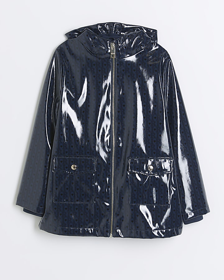 Girls navy holographic hooded rain coat