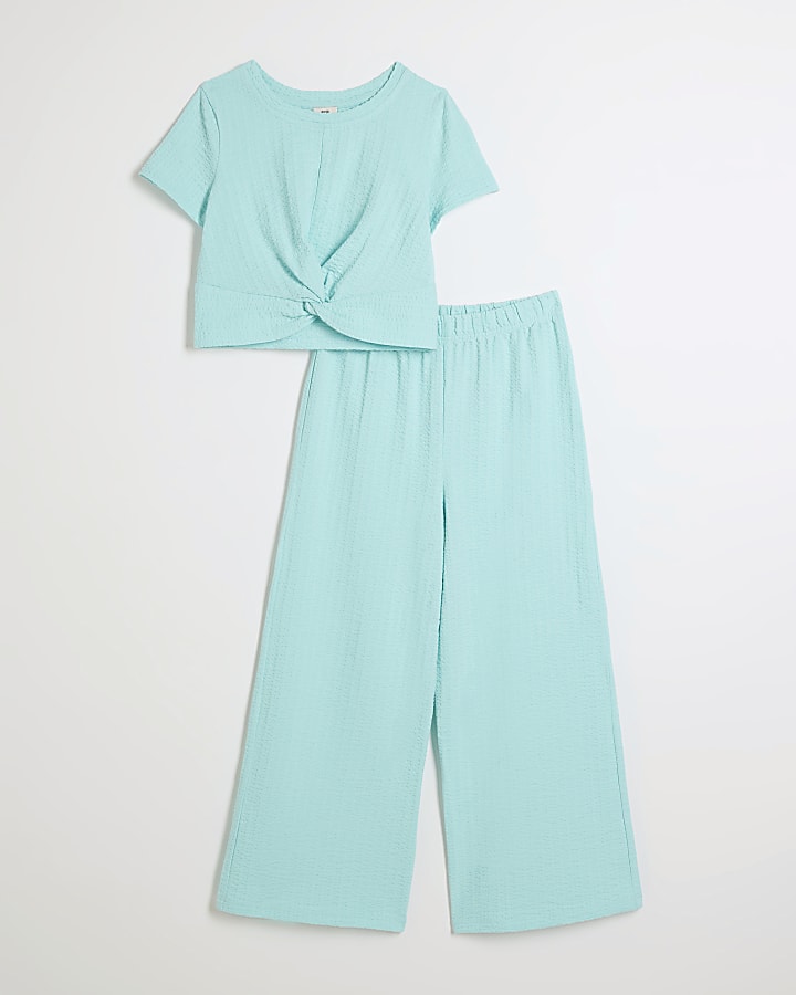 Girls blue knot top and trousers set