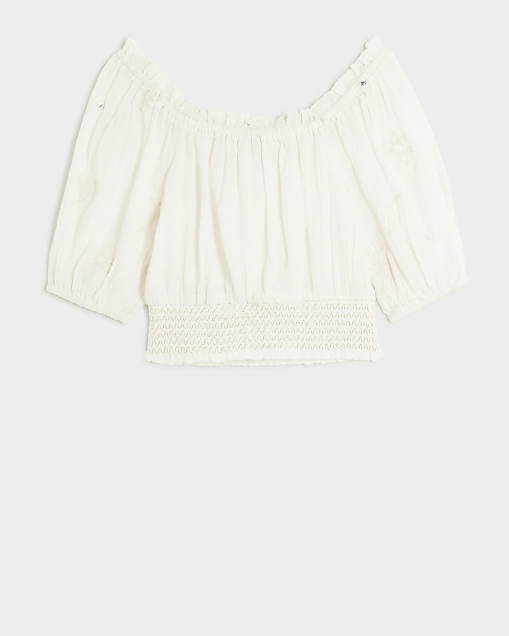 Girls white broderie bardot blouse