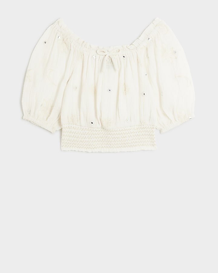 Girls white broderie bardot blouse